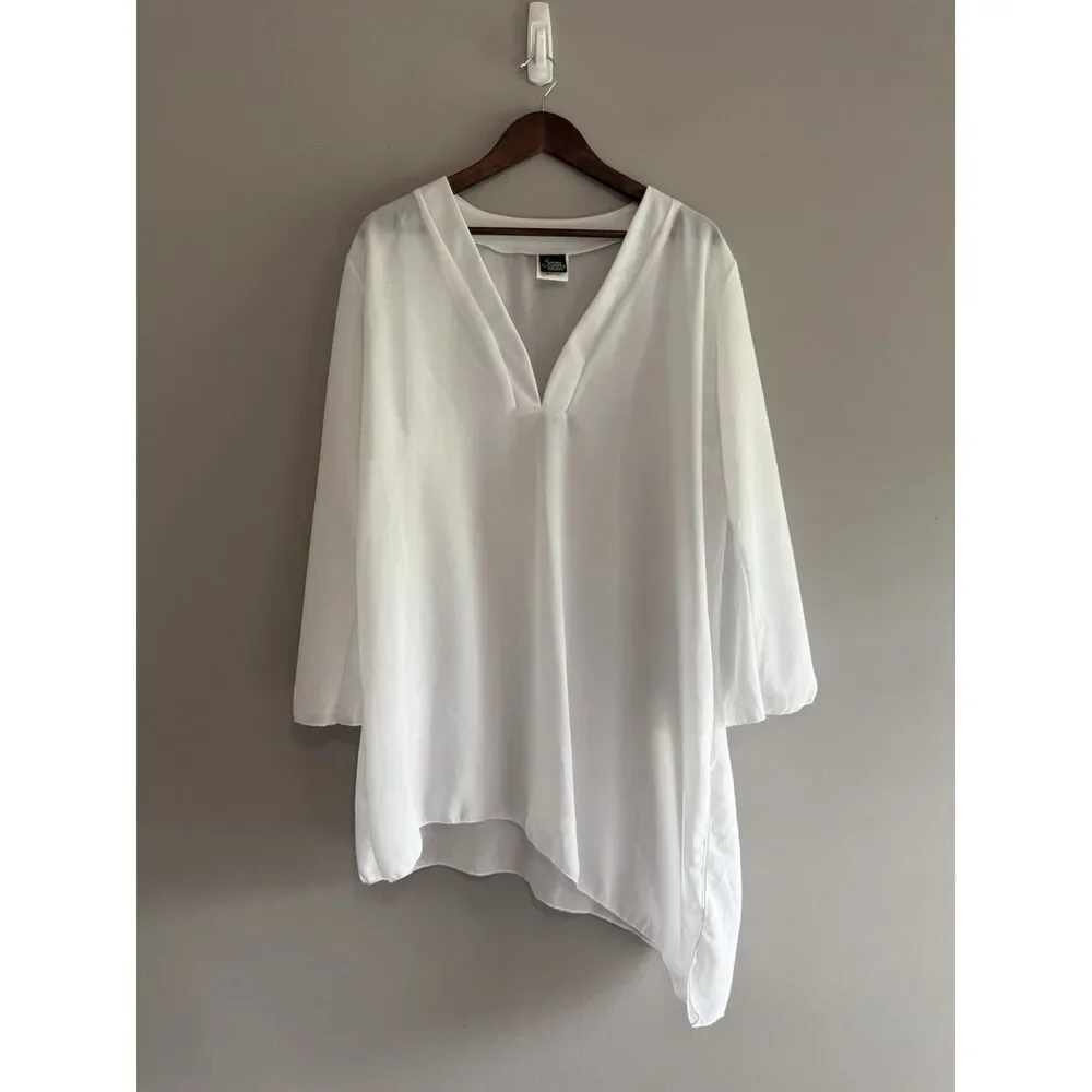 Shore Shapes White Sheer Beach Coverup Flare Sleeve Asymmetric Hem Relaxed 2X